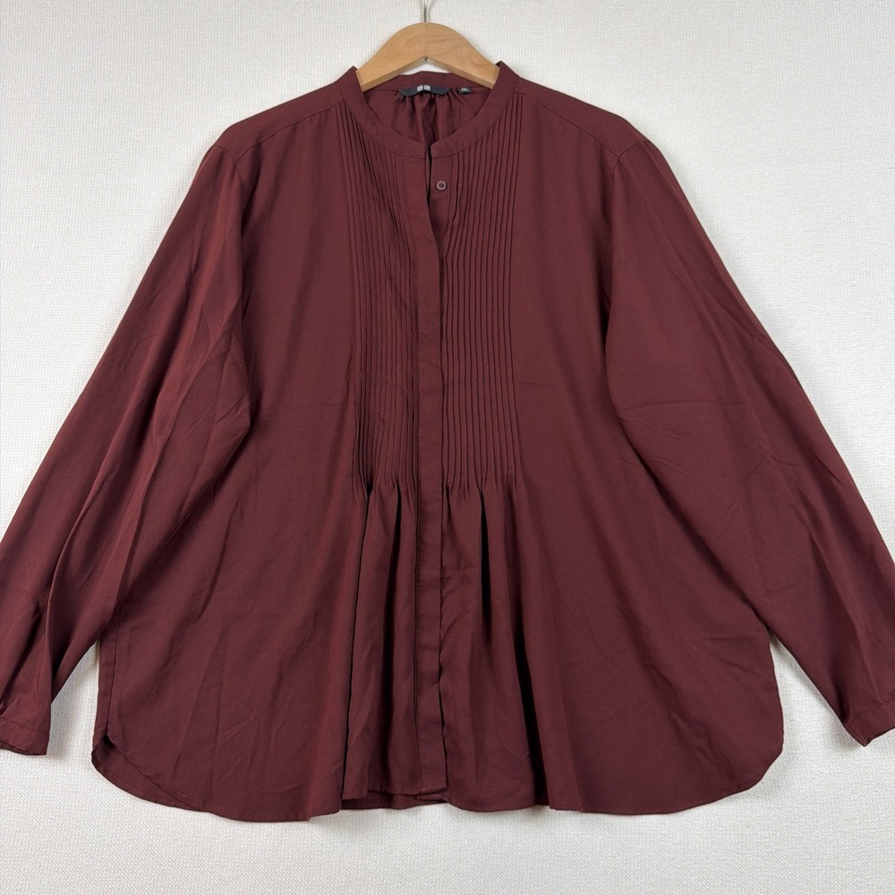 Uniqlo Button Down Pin Tuck Blouse Top Size XXL Burgundy Office Casual Fall